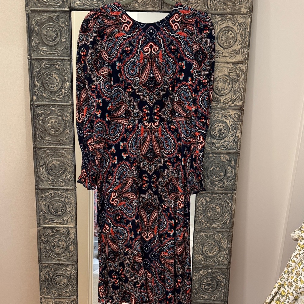 Boden Navy Paisley Long Sleeve Maxi Dress with Red & Blue Accents